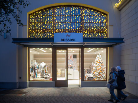 Missoni luxury fashion boutique outlet in Fidenza Village, Italy, during Christmas shopping season