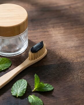 Eco-friendly dental care: Charcoal toothpaste on bamboo brush with mint leaves on dark wood