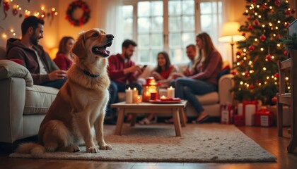 Obraz premium Dog sits near group of friends at xmas party in house. People celebrate New Year holidays together with dog. Festive lights shine on tree, table and wreath during house party event.