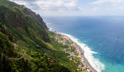 Scenic coastal view of Madeira lush cliffs and ocean