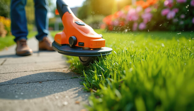 Man trims grass near pavement with power tool. Person does yard work, maintains lawn edge on sunny day. Green grass, flowers bloom in background. Creates tidy, neat yard for home.
