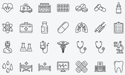 Medical & Healthcare Outline Icons Set – Anatomy, Hospital, Doctor, Fitness & Wellness Vector Pack