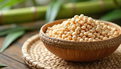 Light yellow soybeans fill rustic wooden bowl on woven bamboo mat. Green bamboo stalks, leaves blur in background. Scene suggests natural healthy plant-based food ingredients, good protein source for
