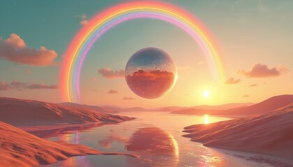 Surreal disco ball floats above a desert lake at sunset with rainbow arch. Reflective water mirrors the colorful sky and sphere. Peaceful dreamscape.