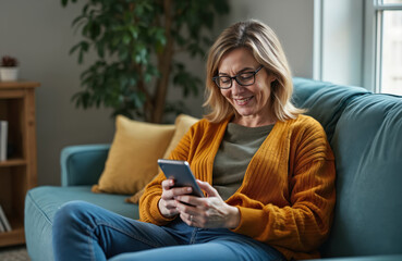 Obraz premium Mature woman uses phone on sofa. Middle aged female types message at home. Lady wearing glasses works with gadget in living room enjoys mobile tech. Smiling woman browsing in internet.