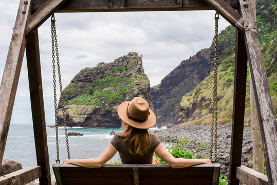 Woman relaxing in madeira stunning rocha do navio
