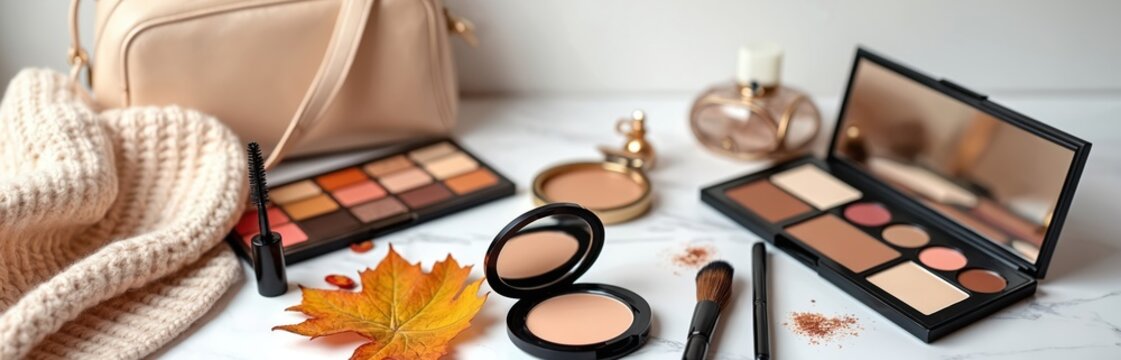 Various makeup accessories arranged with autumnal leaf on table. Cosmetic products for skin care, eye shadow, powder, brushes. Autumn season fashion and beauty accessories concept on white. - Powered by Adobe