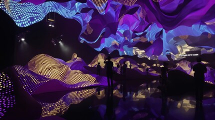 Immersive digital art installation features undulating purple and gold light projections captivating silhouettes of visitors