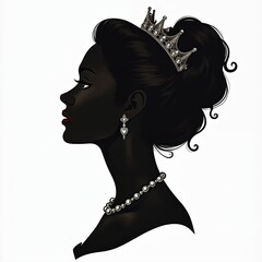 Obraz premium Illustration of queen silhouette profile with a crown hairstyle. Beauty character profile woman with black elegant hair. Beautiful royal lady portrait with jewelry.