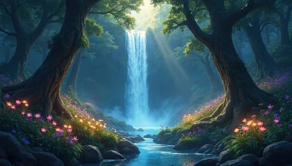 Obraz premium Illustration of a magical forest with waterfall and glowing flora. Digital art shows a fantasy landscape with dreamy atmosphere. Trees frame the water in the natural environment.