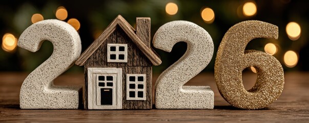 New Year 2026 home scene with glittering gold numbers and a cozy wooden house