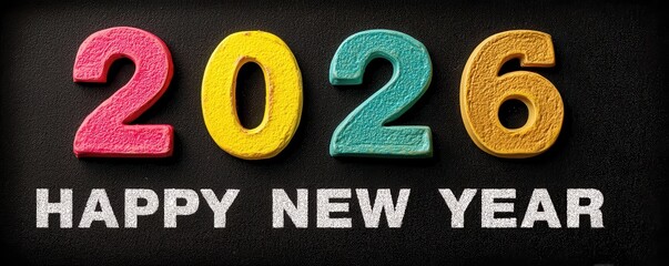 Colorful 2026 numbers spell happy new year on a black background for festive stock imagery