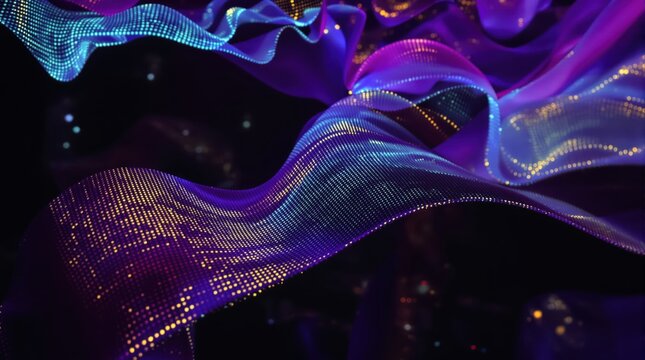 Abstract digital wave of glowing purple and blue particles flows dynamically across a dark background - Powered by Adobe