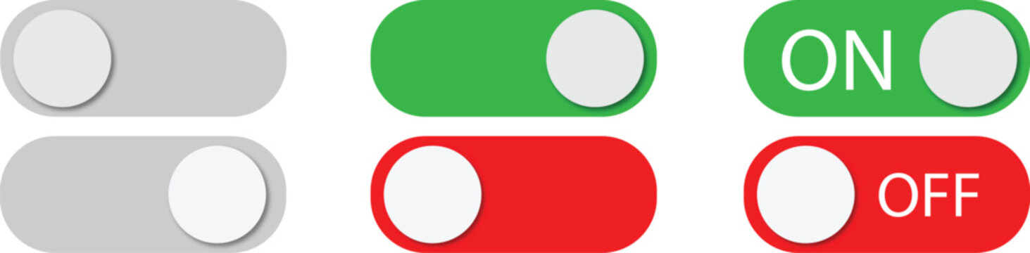 toggle switch buttons set in gray green red showing on off states for user interface control isolated on white background.