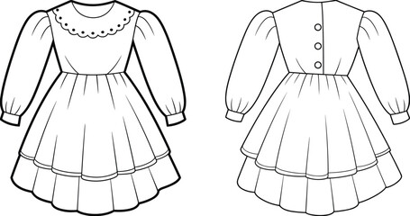 Vintage dress technical illustration showing front and back views with puffed sleeves, scalloped collar, and tiered skirt design.