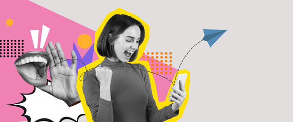 A lively collage features a woman smiling while interacting with her smartphone. Graphics of speech bubbles and hands convey excitement and joy, highlighting modern communication.