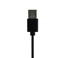 A black USB cable with a white background