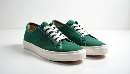 Pair of green textile casual sneakers. White laces and rubber sole. Footwear for everyday wear on white surface. Modern fashion shoes for walking or sport. Classic style trainers for woman or man.