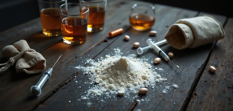 Powdery drug, syringes, pills, and alcohol glasses on dark wood table. Items suggest drug abuse, addiction, and dangerous lifestyle. Substance use scene includes brown liquid drinks.