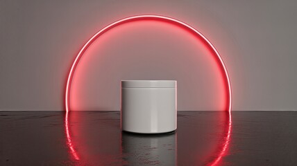 White Product Jar with Red Neon Light Arch on Dark Reflective Surface.
