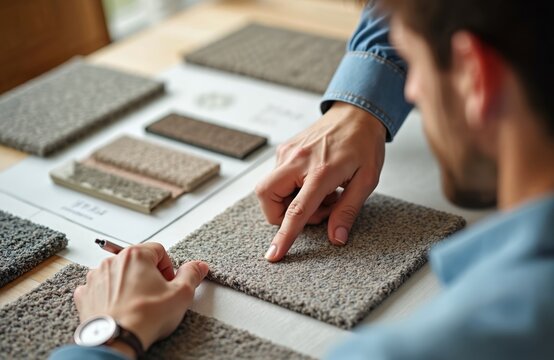 Man chooses carpet sample in catalog. Designer selects flooring tile. Textile selection for interior design. Architect looks at different texture variations. New home repair, remodel ideas in