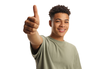 Cheerful young person with a thumbs-up gesture and an amazing smile  . Isolated on transparent background, png