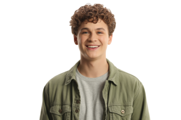 Smiling young man with curly hair and a friendly face  . Isolated on transparent background, png