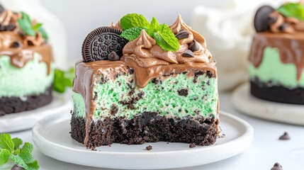 Mint Chocolate Cheesecake Delight: A delectable slice of mint chocolate cheesecake, layered with a rich chocolate ganache, a refreshing mint cream, and a crunchy cookie base.