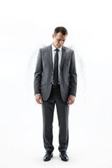 Fototapeta premium Upset businessman covered in falling dandruff flakes, scalp hygiene and embarrassment concept