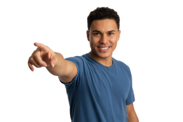 Smiling person pointing with his finger towards to viewer . Isolated on transparent background, png