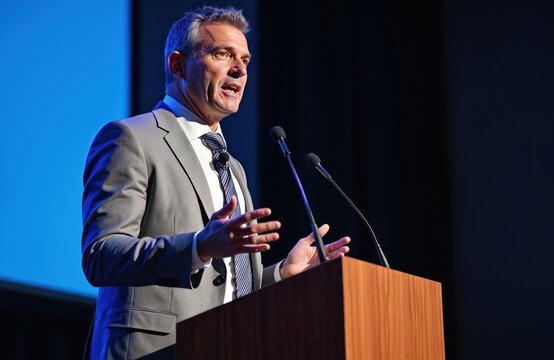 Mature man in gray suit speaks at podium with two microphones. He gestures while presenting at conference with blue stage lights. Businessman delivers speech in formal attire with striped tie.