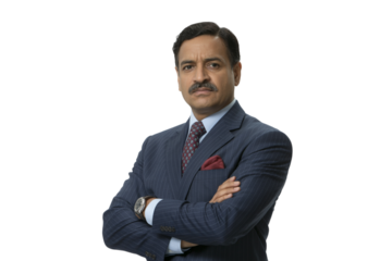 portrait of serious looking man in business suit with crossed arms . Isolated on transparent background, png