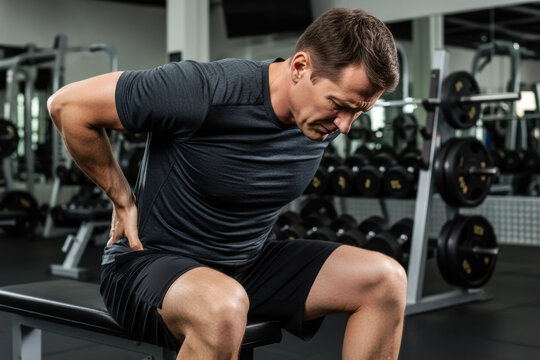 Middle-aged man suffering from lower back pain during gym workout, sports injury concept
