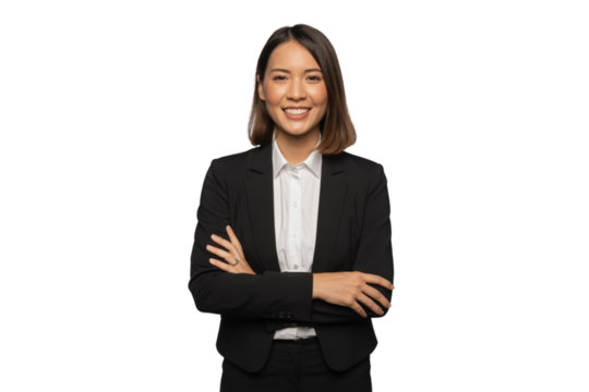 confident woman with arms crossed looking at the camera . Isolated on transparent background, png - Powered by Adobe