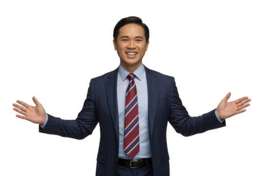 Smiling businessman confidently gesturing with both arms spread . Isolated on transparent background, png - Powered by Adobe