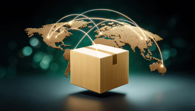 E commerce green globe parcel connecting worldwide shipping network with glowing routes