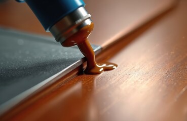 Worker uses blue caulking gun to apply brown silicone sealant. Liquid fills joint between dark, shiny copper-colored surfaces. Material for sealing home improvement, repair, new installation needs.