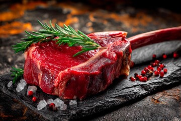 A large raw piece of beef is placed on a black stone surface. Fresh rosemary and colorful peppercorns surround the meat, adding a touch of flavor. The scene is well lit by daylight