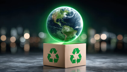 Green globe hovers above cardboard box with recycle symbol promoting e commerce sustainability