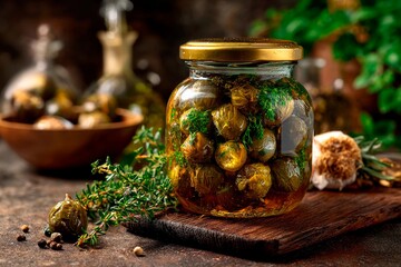 A jar holds bright green olives mixed with herbs and spices. The jar sits on a wooden table among garlic and other food items, showing a busy kitchen scene