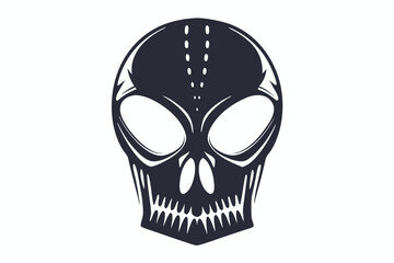 Dark Gray Alien Head with Large Eyes and Line Pattern Against a White Backdrop