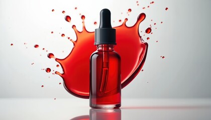 Red liquid in glass bottle with black dropper. Splash of vibrant fluid behind container. White background reflects shiny product. Abstract cosmetic serum concept.