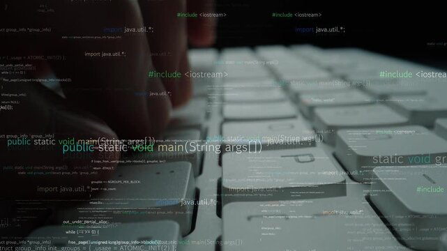 Close-up of hands actively typing on a keyboard, surrounded by lines of code and programming syntax, highlighting the essence of technology and software development. Xenic