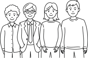 Black and white line art illustration of four diverse people standing together, simple minimalist character drawing for teamwork, community, and group concepts