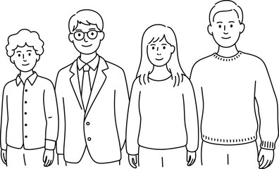 Black and white line art illustration of four diverse people standing together, simple minimalist character drawing for teamwork, community, and group concepts