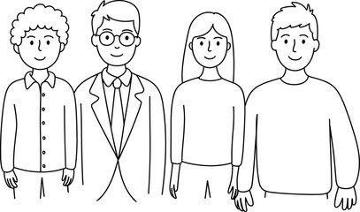 Black and white line art illustration of four diverse people standing together, simple minimalist character drawing for teamwork, community, and group concepts