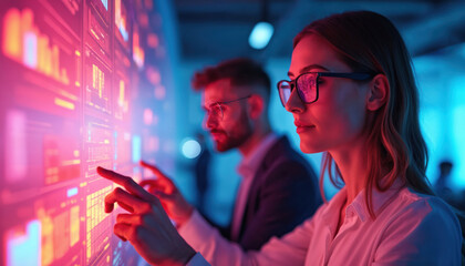 Team interacts with glowing futuristic data screen wall. Professionals analyze charts graphs, plan strategy, brainstorm ideas for future growth. Business people work in modern office.