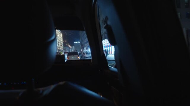 Night City Drive View from Inside Car Passenger Window