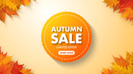 A promotional badge for an autumn sale featuring a circular sunburst design in orange and yellow gradient. It includes bold white text stating ‘AUTUMN SALE’ and smaller text ‘LIMITED OFFER’, with a ‘S