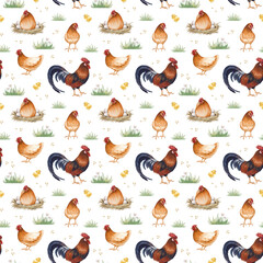 Seamless pattern of a poultry yard on a white background. Watercolor illustrations depicting brown hens, a rooster, chickens and grass. Realistic drawing of farm birds for agriculture, packaging